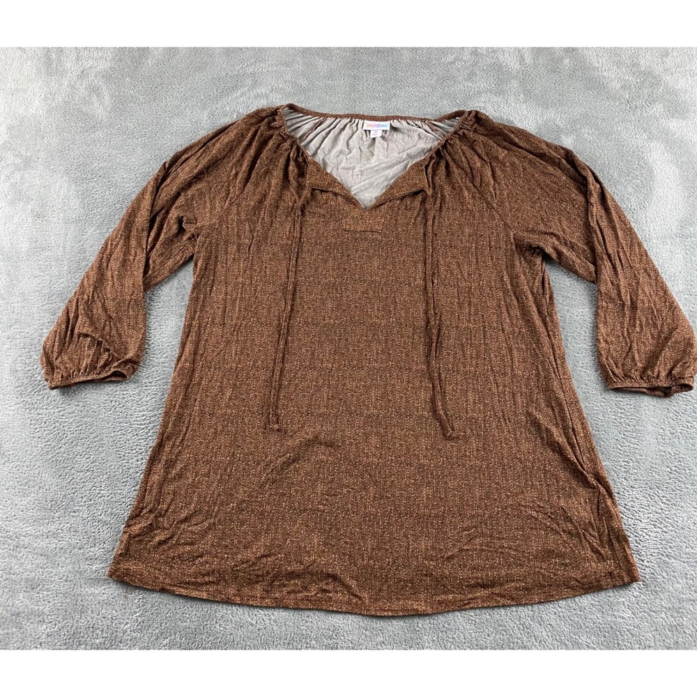 LuLaRoe Womens Medium Brown Marled Metallic Tassel Tie Tunic Top 3/4 Sleeve Boho